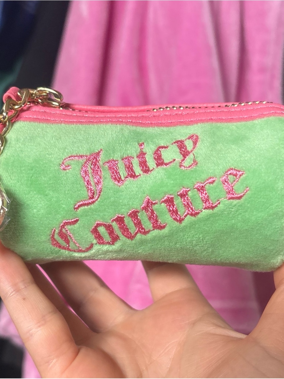 Juicy Couture green & pink mini barrel bag